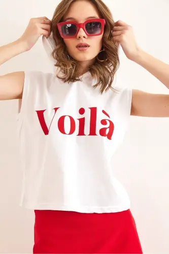 Woman White Arm Detail Patchwork Hoodie Cotton T-Shirt - 4