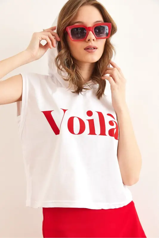 Woman White Arm Detail Patchwork Hoodie Cotton T-Shirt - 5