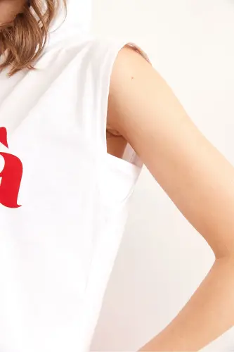 Woman White Arm Detail Patchwork Hoodie Cotton T-Shirt - 6