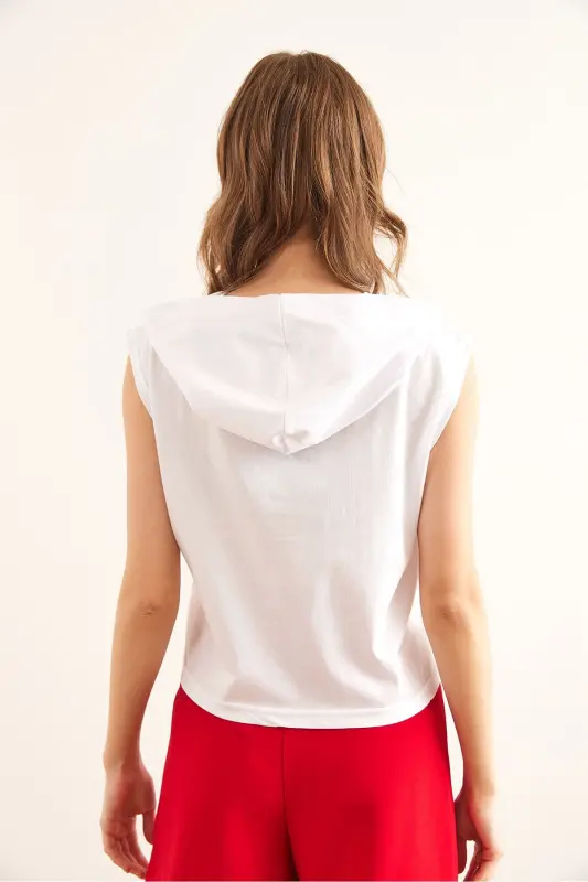 Woman White Arm Detail Patchwork Hoodie Cotton T-Shirt - 7