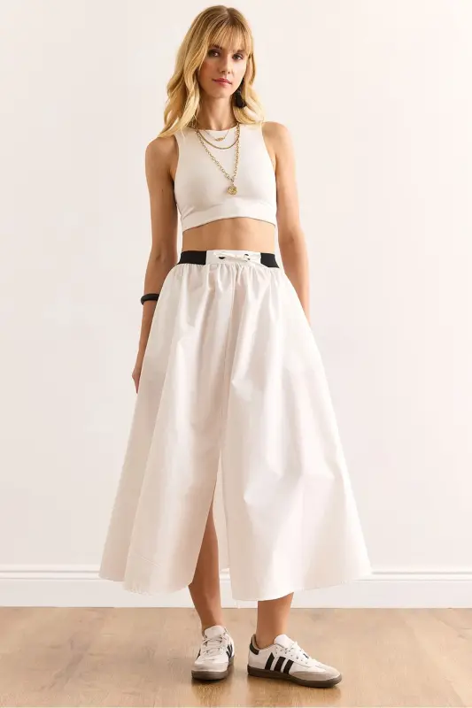 Woman White Black Banded Slit Front Lace-up Mi - OLALOOK