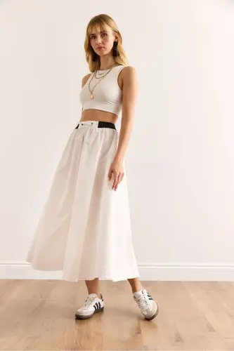 Woman White Black Banded Slit Front Lace-up Mi - 2