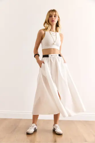 Woman White Black Banded Slit Front Lace-up Mi - 3