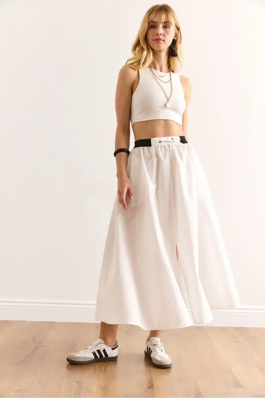 Woman White Black Banded Slit Front Lace-up Mi - 4