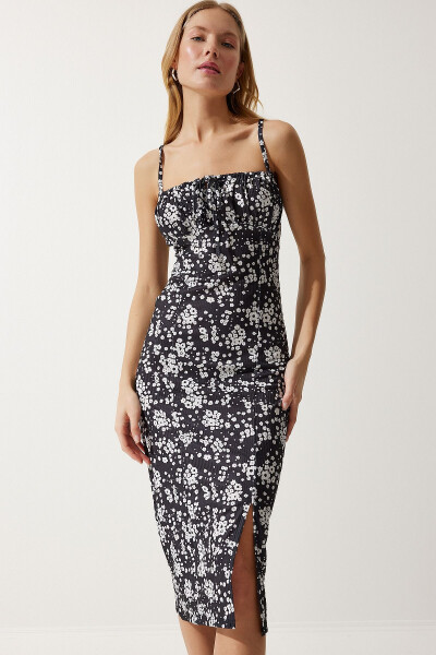 Woman White Black Floral Slit Summer Knit Dress - 1