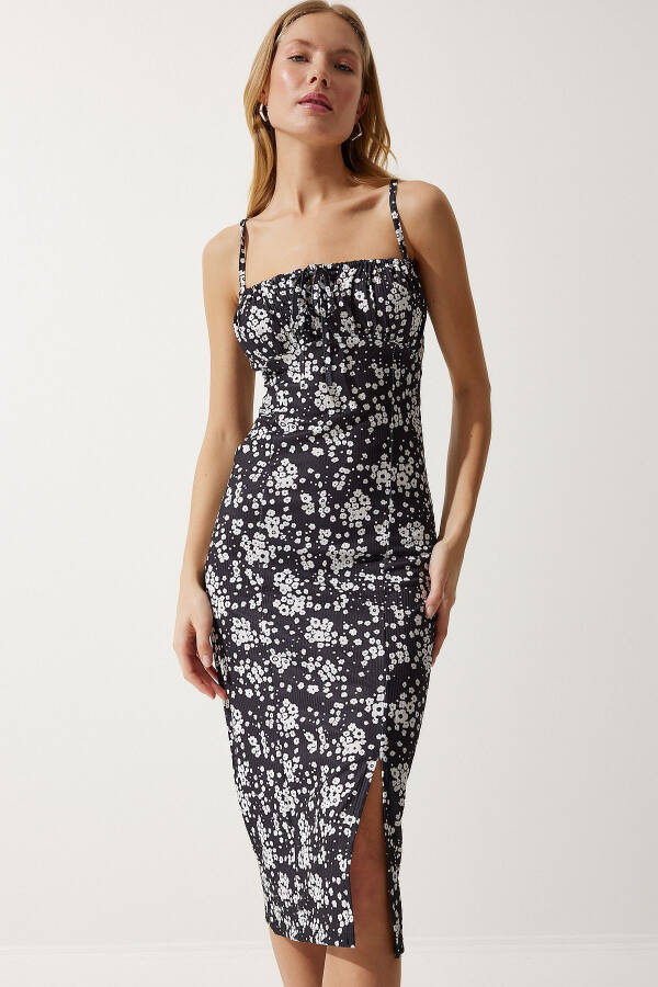 Woman White Black Floral Slit Summer Knit Dress - 1