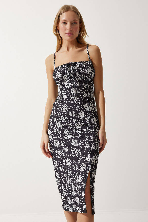 Woman White Black Floral Slit Summer Knit Dress - 2