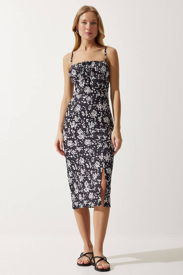 Woman White Black Floral Slit Summer Knit Dress - 3