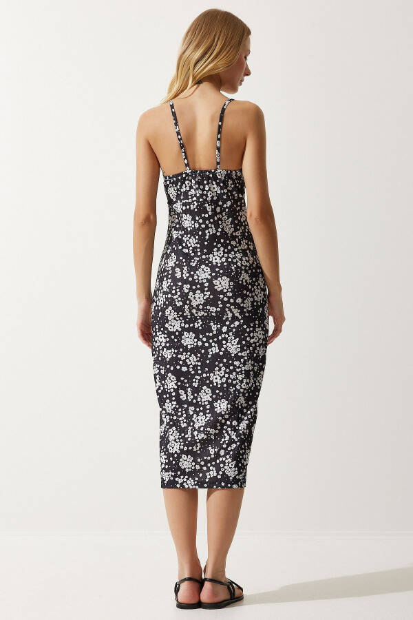 Woman White Black Floral Slit Summer Knit Dress - 5