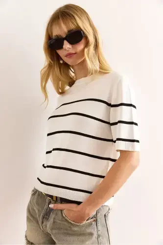 Woman White Black Striped Viscose Knitwear Blu - 4