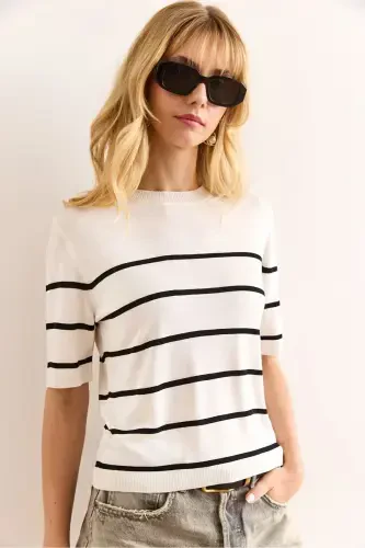 Woman White Black Striped Viscose Knitwear Blu - 5