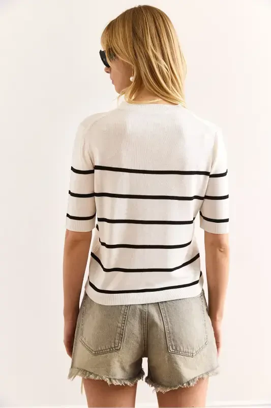 Woman White Black Striped Viscose Knitwear Blu - 7