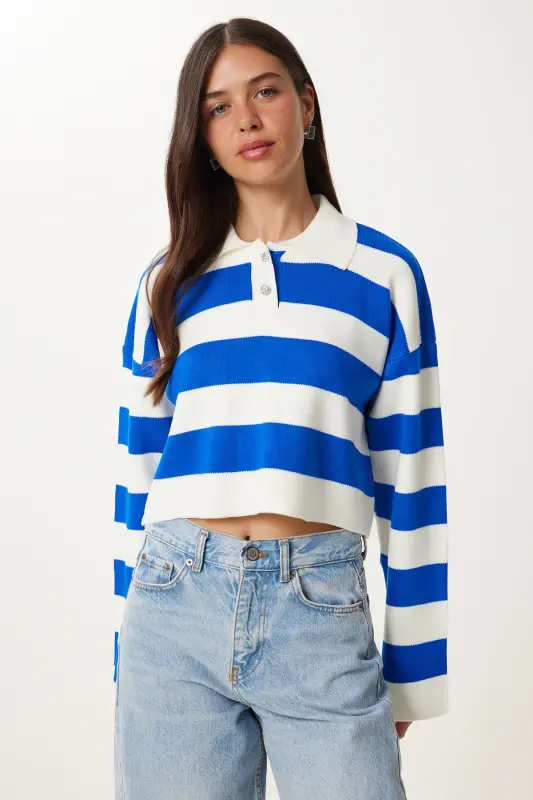 Woman White Blue Stylish Buttoned Collar Striped Crop Knitwear Sweater BV00115-White Blue - 2
