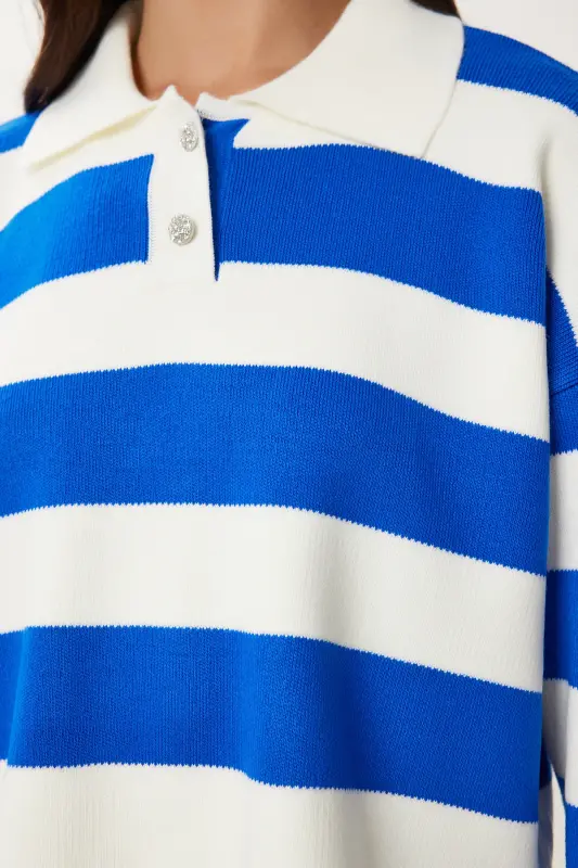 Woman White Blue Stylish Buttoned Collar Striped Crop Knitwear Sweater BV00115-White Blue - 4