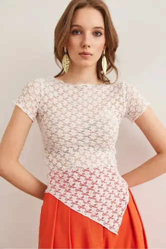 Woman White Bottom Asymmetric Lace Blouse BLZ-1900288 - 5