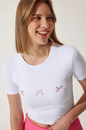 Woman White Bow Detailed Crop T-Shirt MC00279-White 