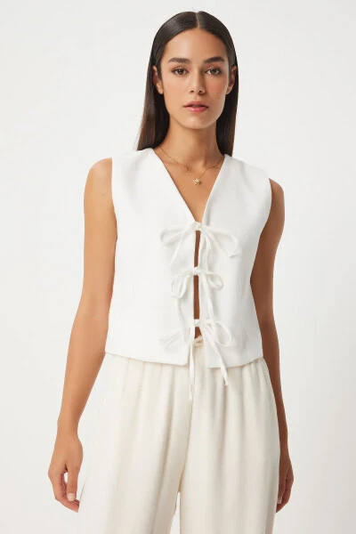 Woman White Bow Linen Vest GP00010 - HAPPINESS İSTANBUL (1)