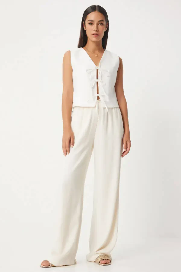 Woman White Bow Linen Vest GP00010 - 3