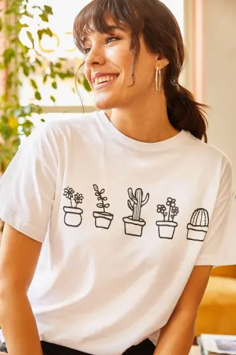 Woman White Cactus Printed T-shirt TSH-19000349 - 1