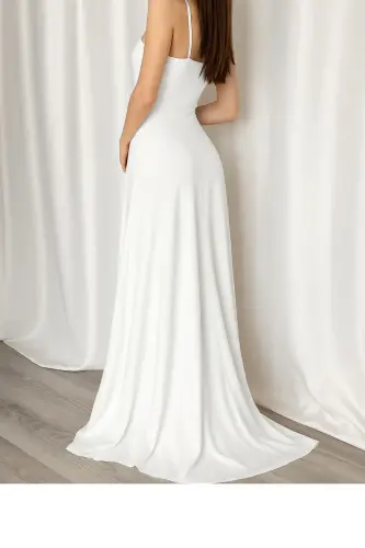 Woman White Crepe Fabric Slit Detailed Evening Dress-White - LACASE (1)
