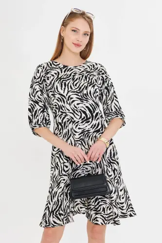 Woman White Crew Neck Three Quarter Sleeve Skirt Ruffled Dress - ARMONIKA (1)