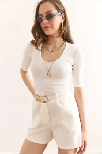 Woman White Deep V Neck Double Sleeve Flexible Cotton Blouse - 1