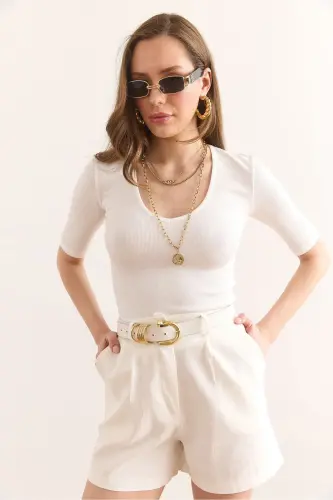Woman White Deep V Neck Double Sleeve Flexible Cotton Blouse - 3