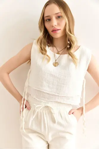 Woman White Double Layer Dirty Stitch Lace-up Detailed Muslim 