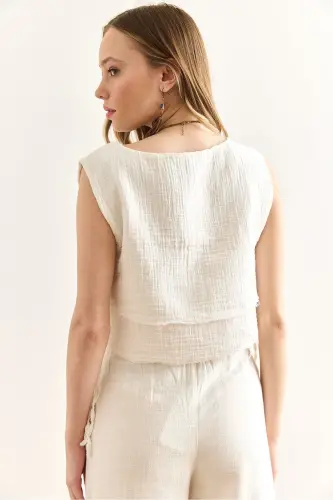 Woman White Double Layer Dirty Stitch Lace-up Detailed Muslim - 6