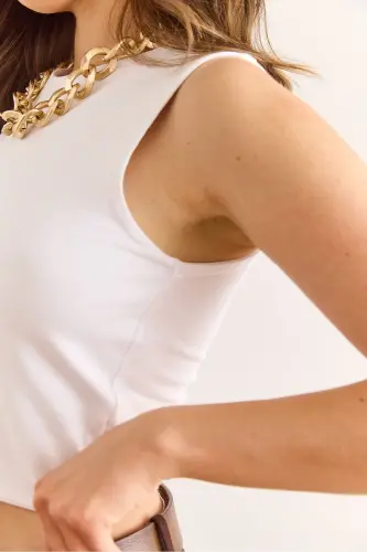 Woman White Double Layer Sleeveless Lycra Cotton T-shirt - 6