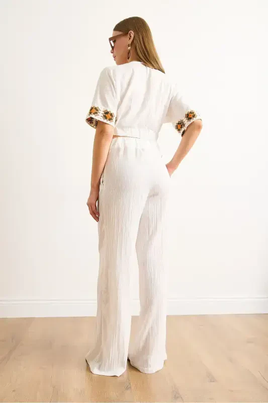 Woman White Embroidered Strapped Set TKM-1900038 - 5