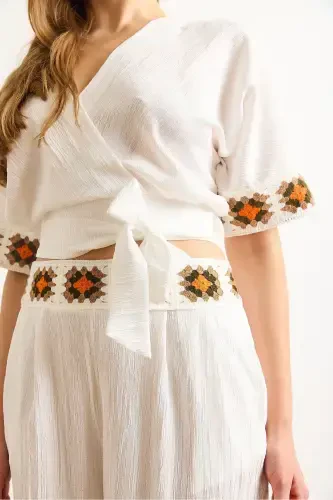 Woman White Embroidered Strapped Set TKM-1900038 - 6