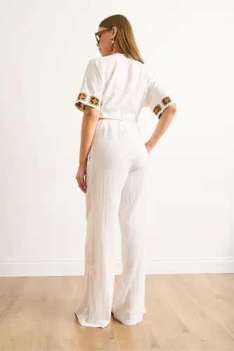 Woman White Embroidered Strapped Set TKM-1900038 - 5