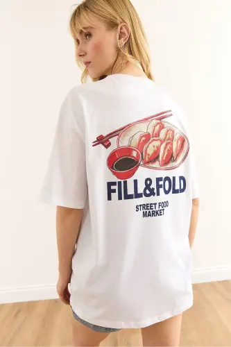 Woman White Front Back Printed Cotton T-Shirt TSH-19000 - 6
