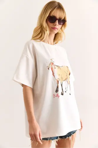 Woman White Goat Printed Relaxed 2 Rope T-Shirt TSH-1 - 3