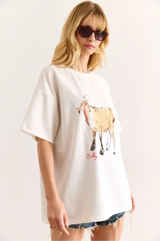 Woman White Goat Printed Relaxed 2 Rope T-Shirt TSH-1 - 3