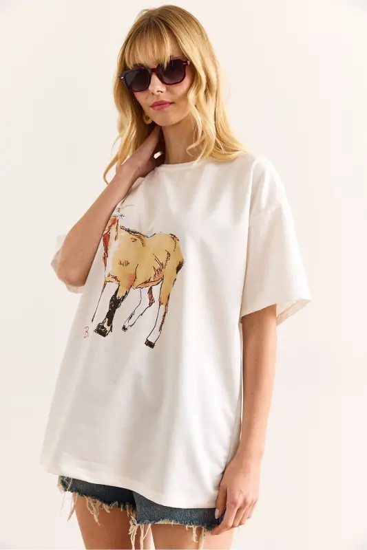 Woman White Goat Printed Relaxed 2 Rope T-Shirt TSH-1 - 4