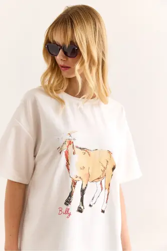 Woman White Goat Printed Relaxed 2 Rope T-Shirt TSH-1 - 5