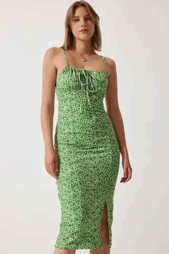 Woman White Green Floral Slit Summer Knitted Dress CI00029-White Green 