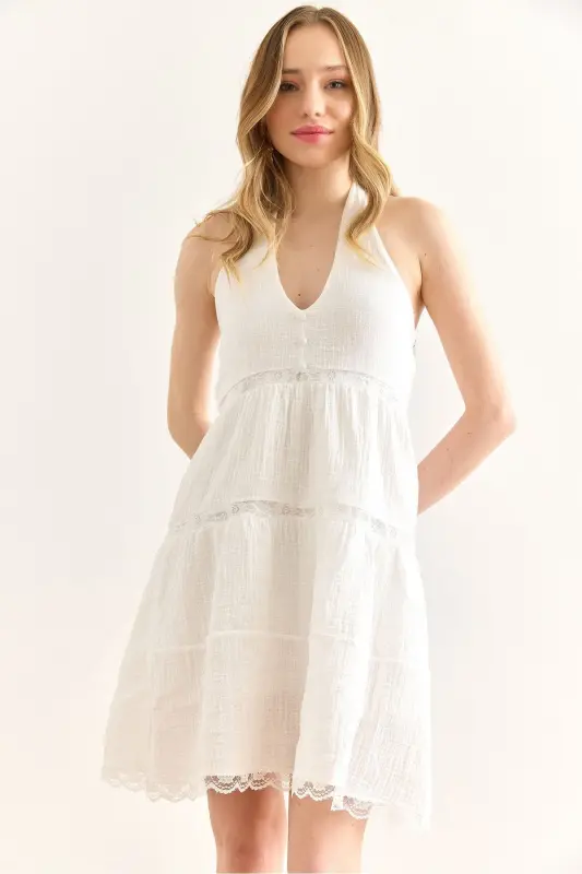 Woman White Guipure Lace Detailed Halter Neck Muslin - 1