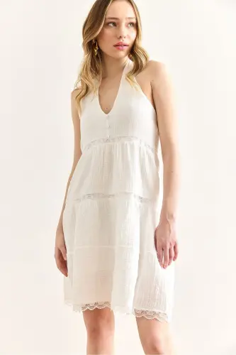 Woman White Guipure Lace Detailed Halter Neck Muslin - 4