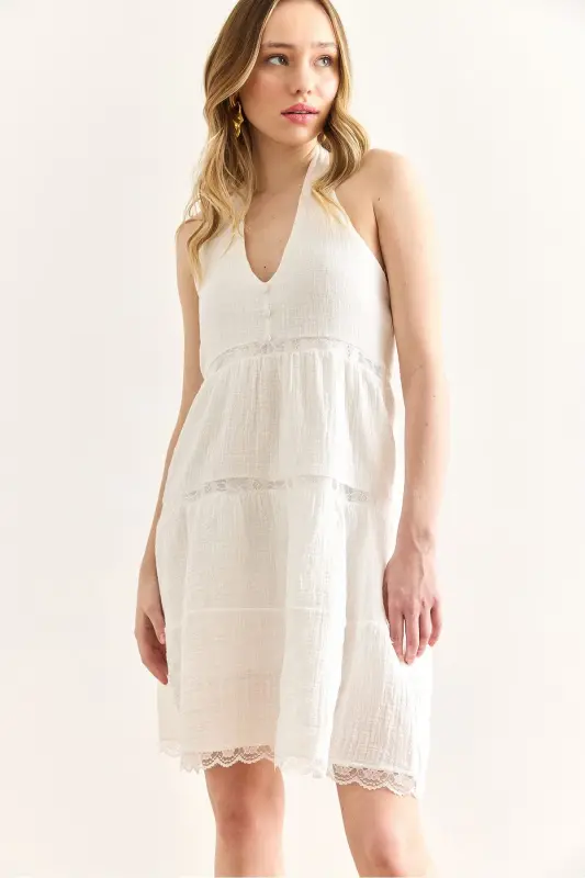 Woman White Guipure Lace Detailed Halter Neck Muslin - 4