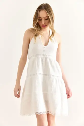 Woman White Guipure Lace Detailed Halter Neck Muslin - 5