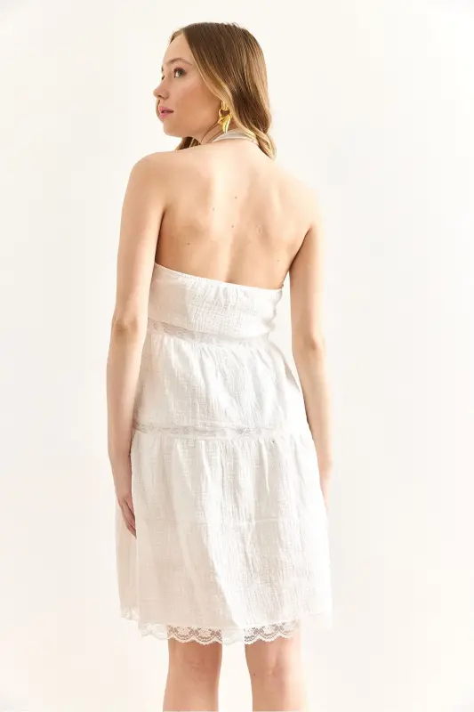 Woman White Guipure Lace Detailed Halter Neck Muslin - 6