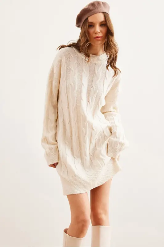 Woman White Hair Braided Knitted Tunic Dress CLO-1900 - 14