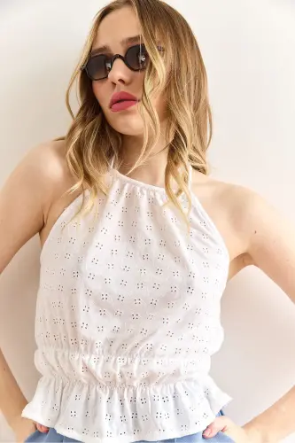 Woman White Halter Neck Smocked Waist Broderie Blouse B - 3