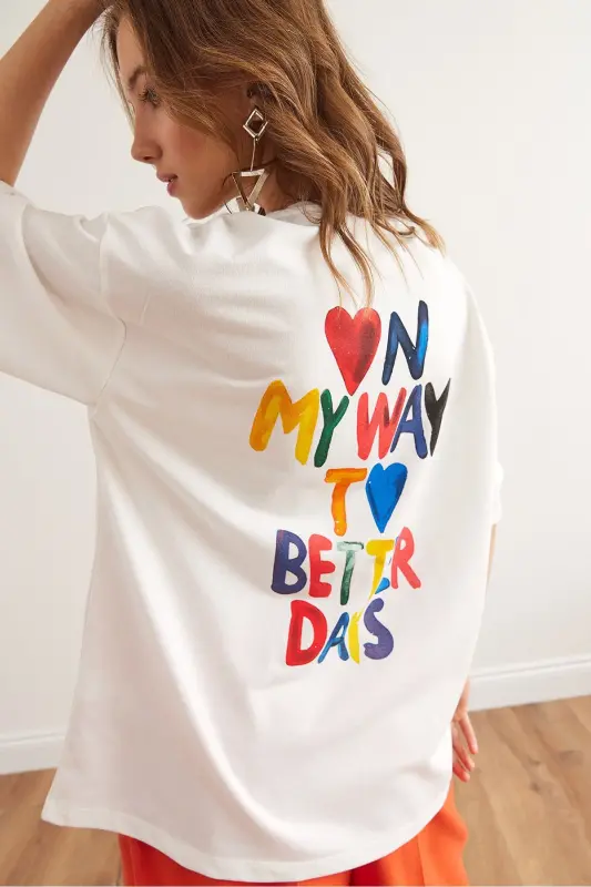 Woman White Heart Front Back Printed 2 Thread Unisex Ov - 5
