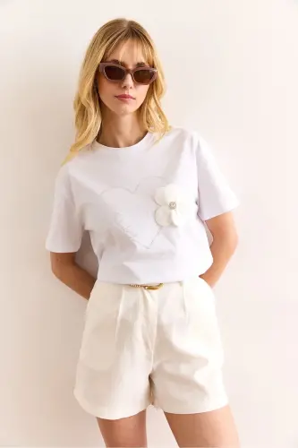 Woman White Heart Sequin Rose Accessory T-Shirt TSH-1 - 3