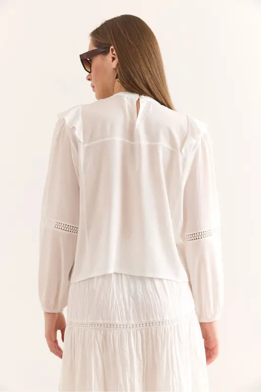 Woman White Lace Detailed Viscose Blouse BLZ-19002945 - 6
