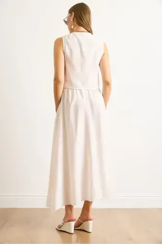 Woman White Modal Top Embroidered Vest Bottom Pockets Flared - 7